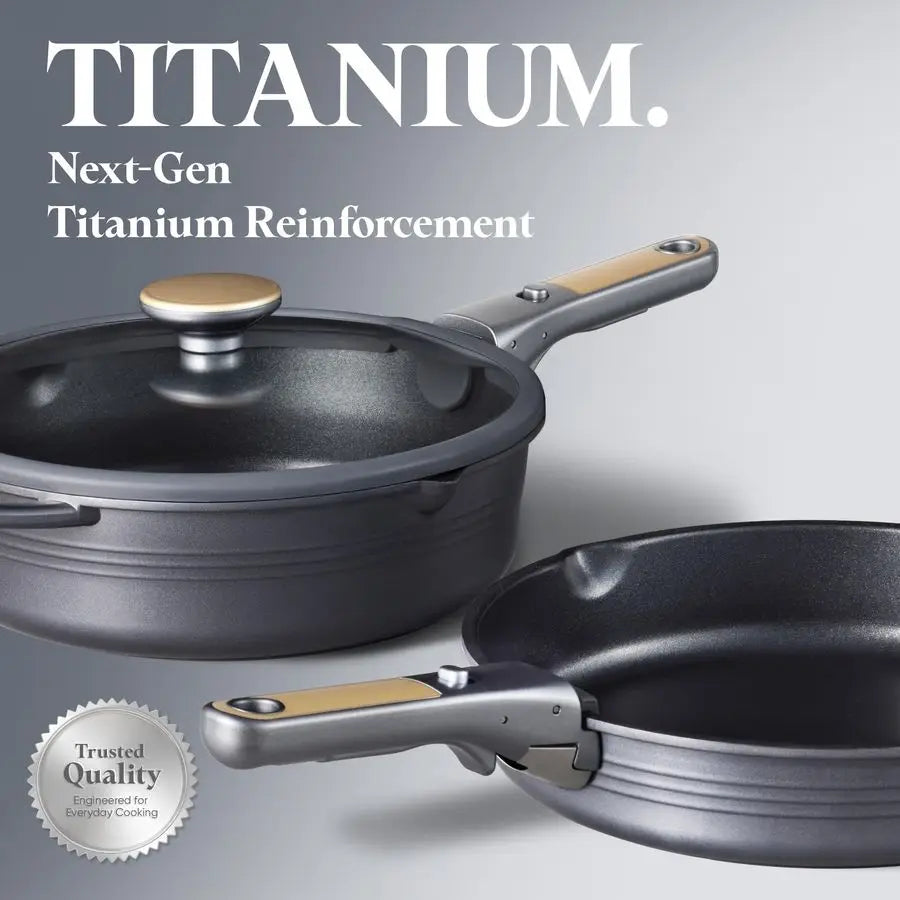 17Pcs Titanium Pots and Pans Set, Cookware Set Nonstick, Kitchen Cooking Set with Detachable Handle, RV Camping Cookware, Dishw