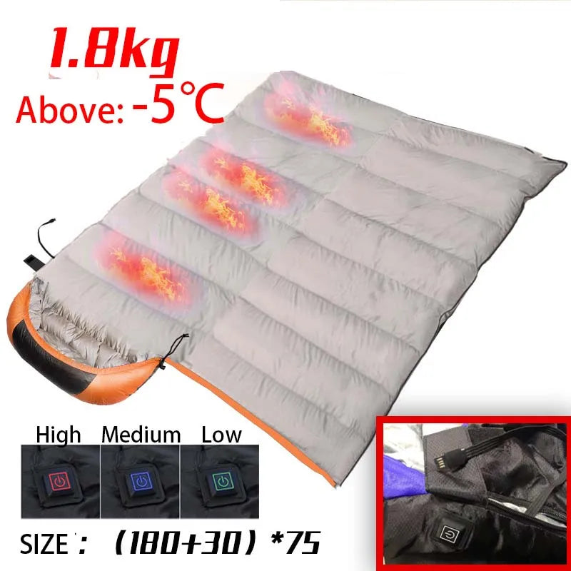 Heated Down Cotton Sleeping Bag - USB Powered with 6 Heating Zones