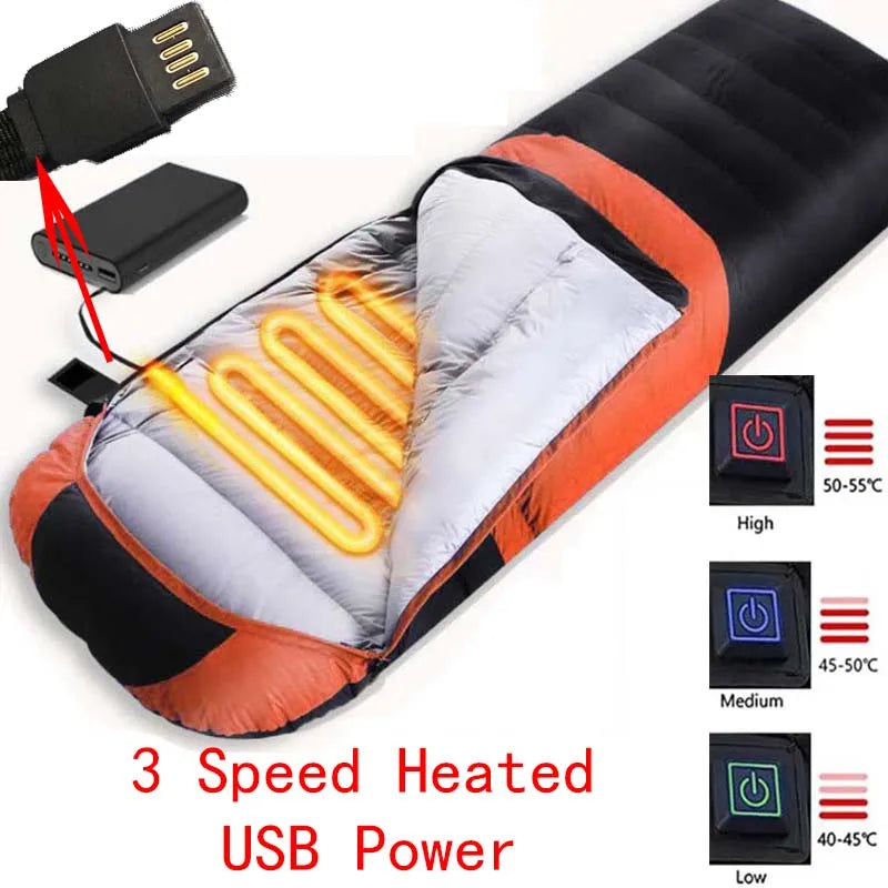 Heated Down Cotton Sleeping Bag - USB Powered with 6 Heating Zones