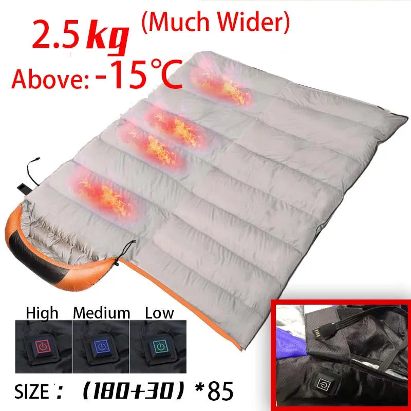 Heated Down Cotton Sleeping Bag - USB Powered with 6 Heating Zones
