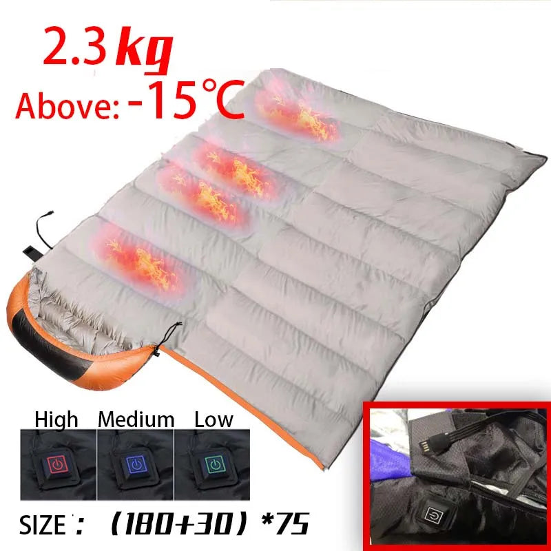 Heated Down Cotton Sleeping Bag - USB Powered with 6 Heating Zones