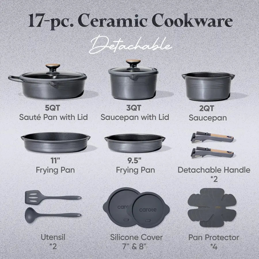 17Pcs Titanium Pots and Pans Set, Cookware Set Nonstick, Kitchen Cooking Set with Detachable Handle, RV Camping Cookware, Dishw