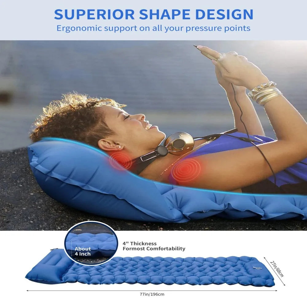 Inflatable Camping Sleeping Pad with Built-in Pillow