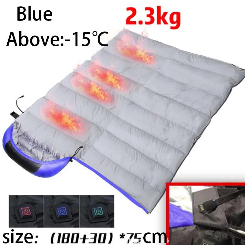 Heated Down Cotton Sleeping Bag - USB Powered with 6 Heating Zones