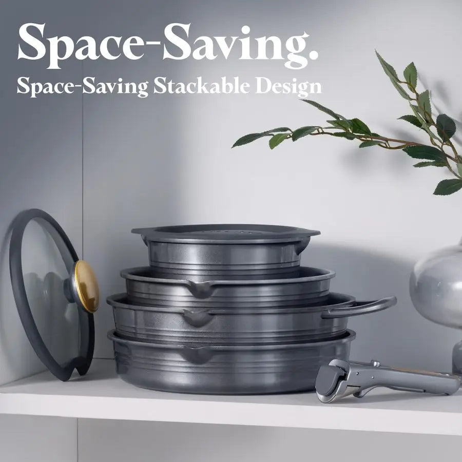 17Pcs Titanium Pots and Pans Set, Cookware Set Nonstick, Kitchen Cooking Set with Detachable Handle, RV Camping Cookware, Dishw