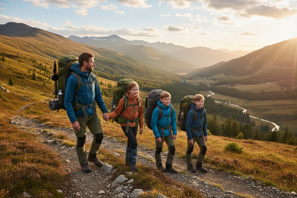 Family hiking on mountain trail