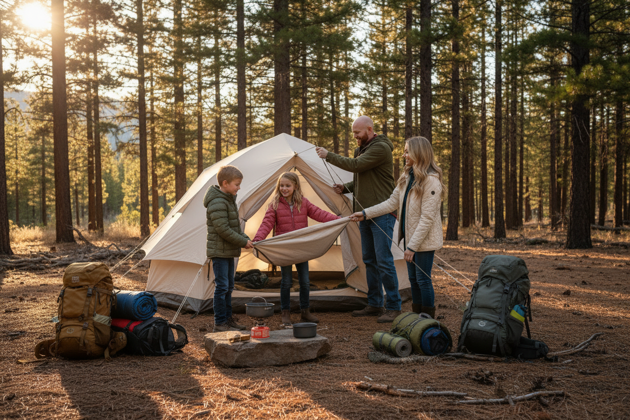Family setting up camp