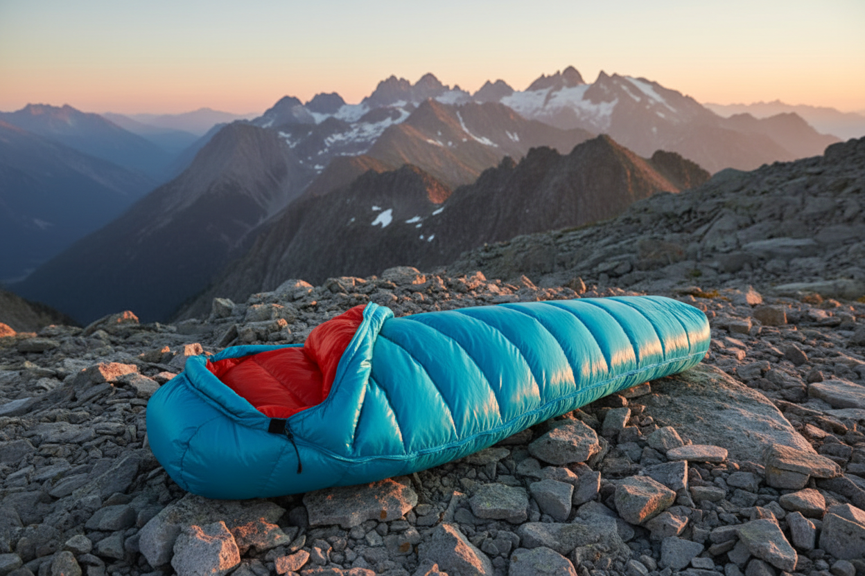 Ultralight goose down sleeping bag on alpine rocks