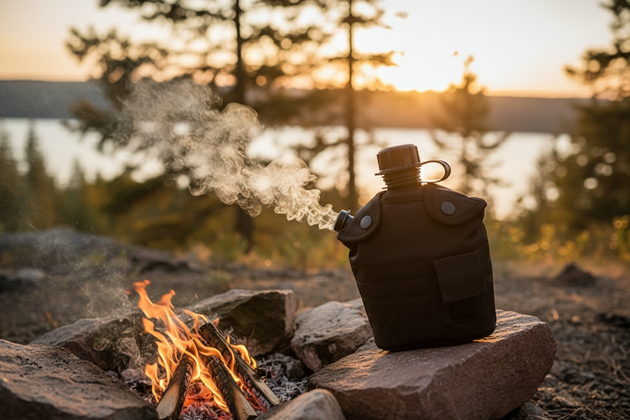 Tactical kettle at campfire