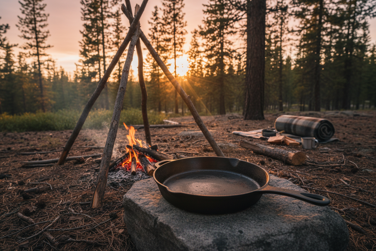 Cast iron skillet at campfire